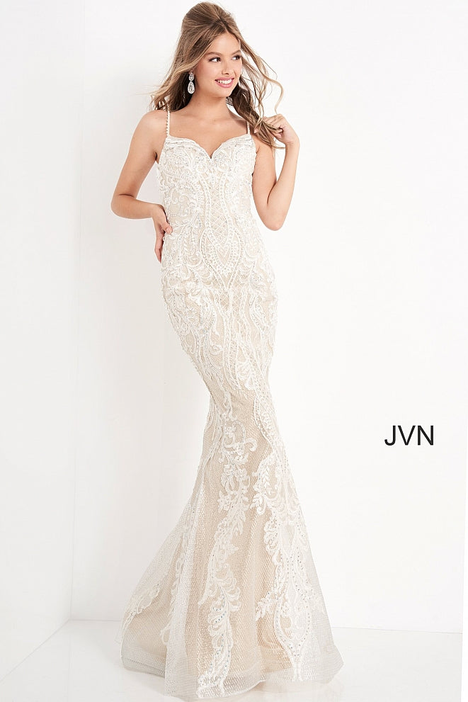 JVN65529 Ivory and nude embellished and embroidered prom dress with a v-neckline, spaghetti straps, sleeveless fitted bodice and straight back, floor-length fitted skirt with sheer overlay. Evening gown informal wedding dress. JVN 65529  Available Sizes: 00,0,2,4,6,8,10,12,14,16,18,20,22,24  Available Colors: Ivory/Nude Glass Slipper Formals Wedding Dress Reception Gown