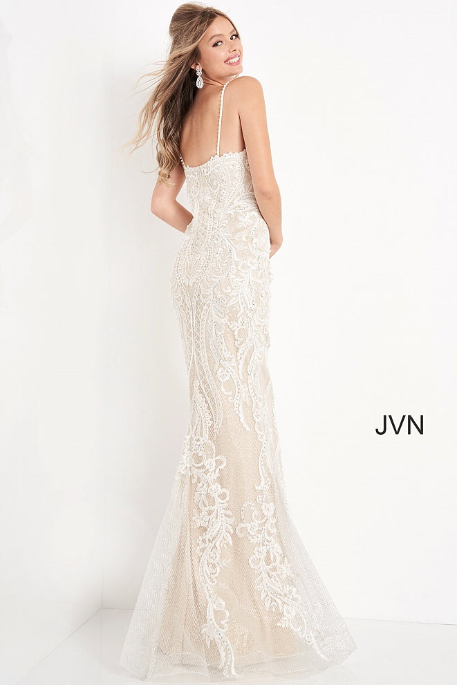 JVN65529 Ivory and nude embellished and embroidered prom dress with a v-neckline, spaghetti straps, sleeveless fitted bodice and straight back, floor-length fitted skirt with sheer overlay. Evening gown informal wedding dress. JVN 65529  Available Sizes: 00,0,2,4,6,8,10,12,14,16,18,20,22,24  Available Colors: Ivory/Nude Glass Slipper Formals Wedding Dress Reception Gown