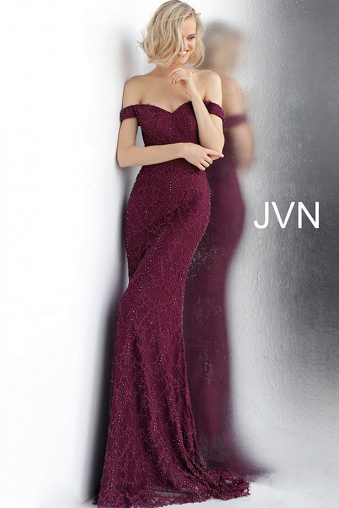 JVN by Jovani 66695 off the shoulder pearl embellished fitted eyelash lace prom dress evening gown bridesmaid dress mother of the bride or groom gown 