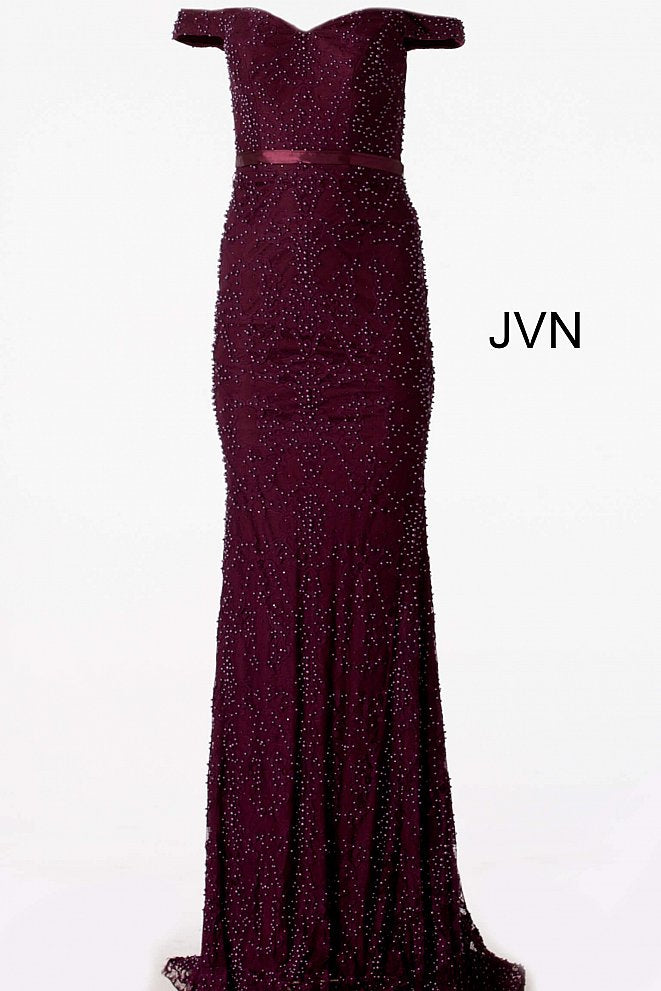 JVN by Jovani 66695 off the shoulder pearl embellished fitted eyelash lace prom dress evening gown bridesmaid dress mother of the bride or groom gown 