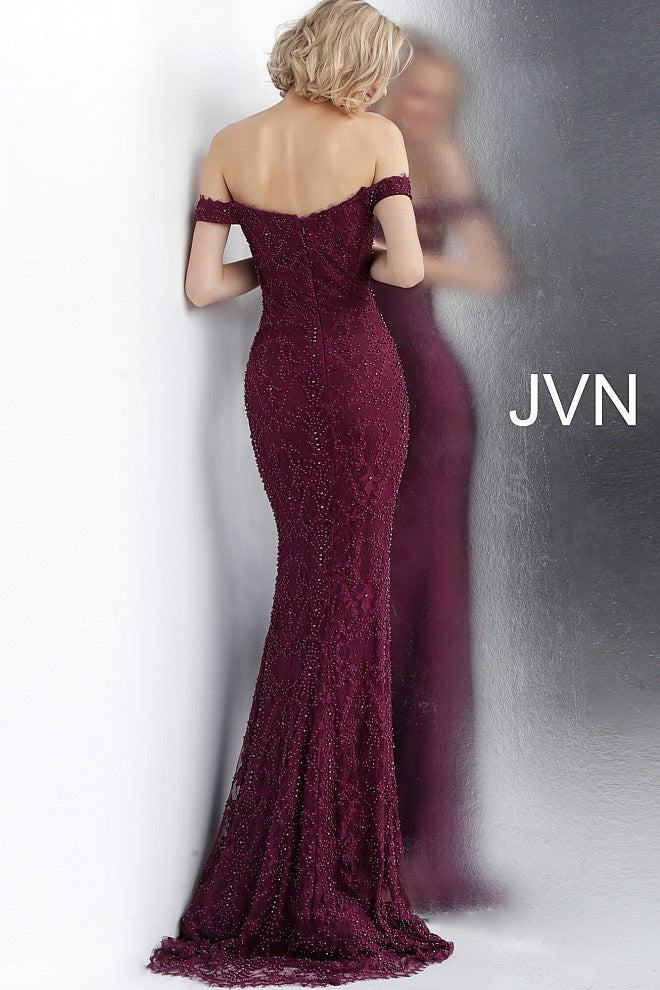 JVN by Jovani 66695 off the shoulder pearl embellished fitted eyelash lace prom dress evening gown bridesmaid dress mother of the bride or groom gown 