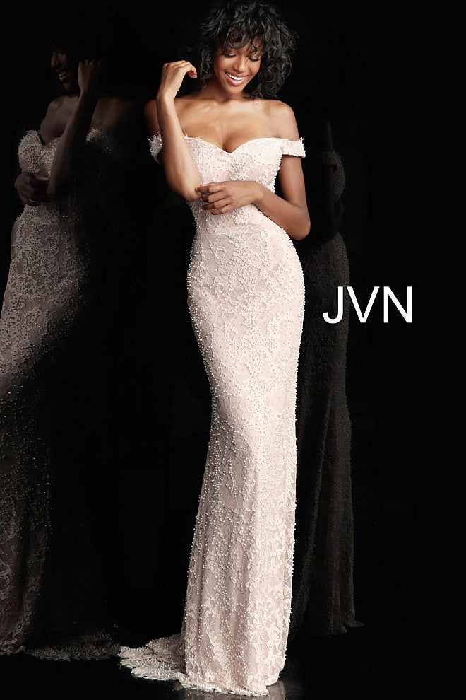 JVN by Jovani 66695 off the shoulder pearl embellished fitted eyelash lace prom dress evening gown bridesmaid dress mother of the bride or groom gown 