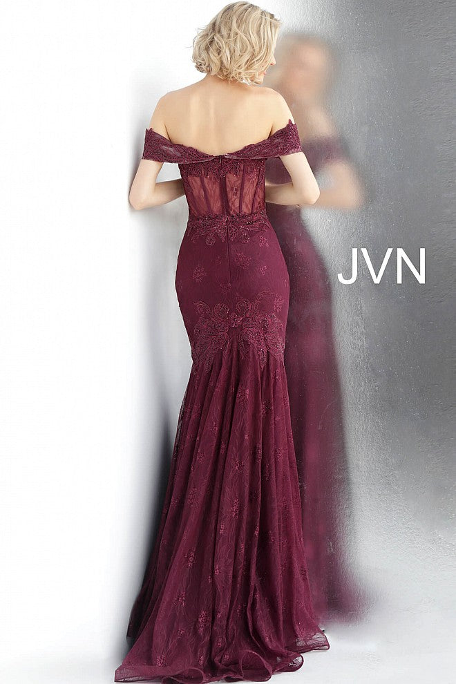 JVN66981 Bordeaux embroidered and embellished prom dress with an off-the-shoulder sheer corset bodice, sweetheart neckline and sheer back, floor-length fitted skirt with a pleated end and sweeping train.