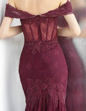 JVN66981 Bordeaux embroidered and embellished prom dress with an off-the-shoulder sheer corset bodice, sweetheart neckline and sheer back, floor-length fitted skirt with a pleated end and sweeping train.