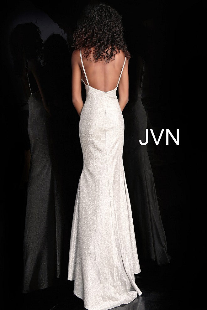 JVN67102 Silver metallic iridescent shimmer prom dress evening gown with ruched waistline