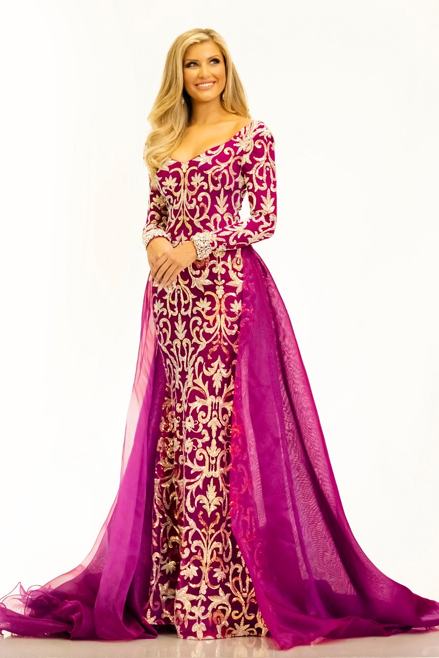 Johnathan-Kayne-2334-magenta-pageant-dress-front-long-sleeves-embellished-overskirt