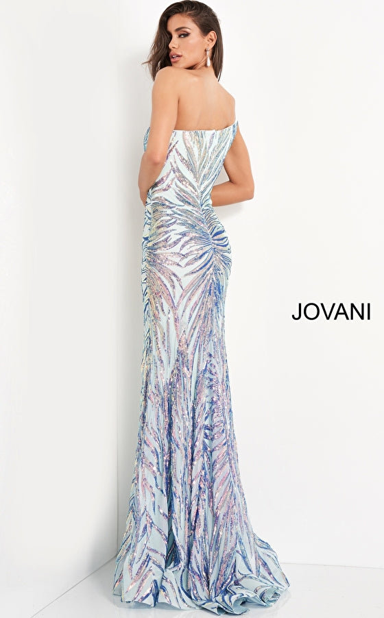 Jovani 05664 is a long fitted formal evening gown. This one shoulder Prom Dress has a Fit & Flare silhouette. Featuring Iridescent Embellished Sequin Asymmetrical  Starburst patterns that accentuate any figure! Lush sweeping train is perfect for Pageant Presence on stage!   Closure: Invisible Back Zipper with Hook and Eye Closure. Details: Sequin embellished prom gown, form-fitting silhouette, floor length, one-shoulder sleeveless bodice.