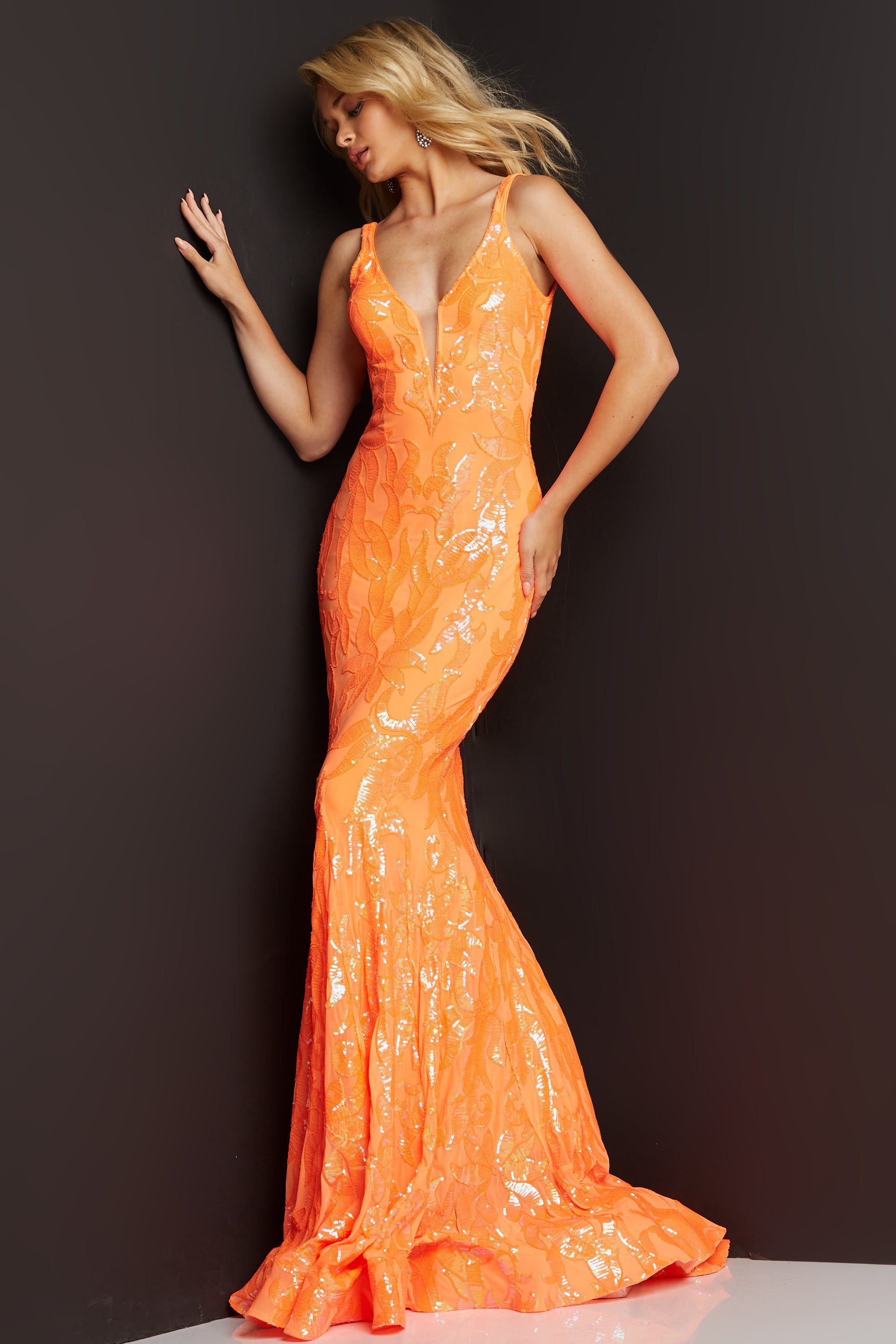 Jovani-3263-Orange-prom-dress-front-2-v-neckline-sequins-long-v-back