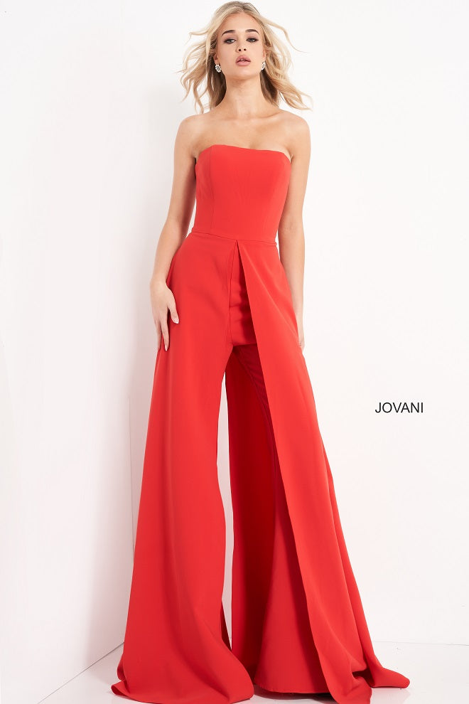 Jovani 03529-Red-Jumpsuit-Front-View-Strapless-Straight-Neckline-Overlay