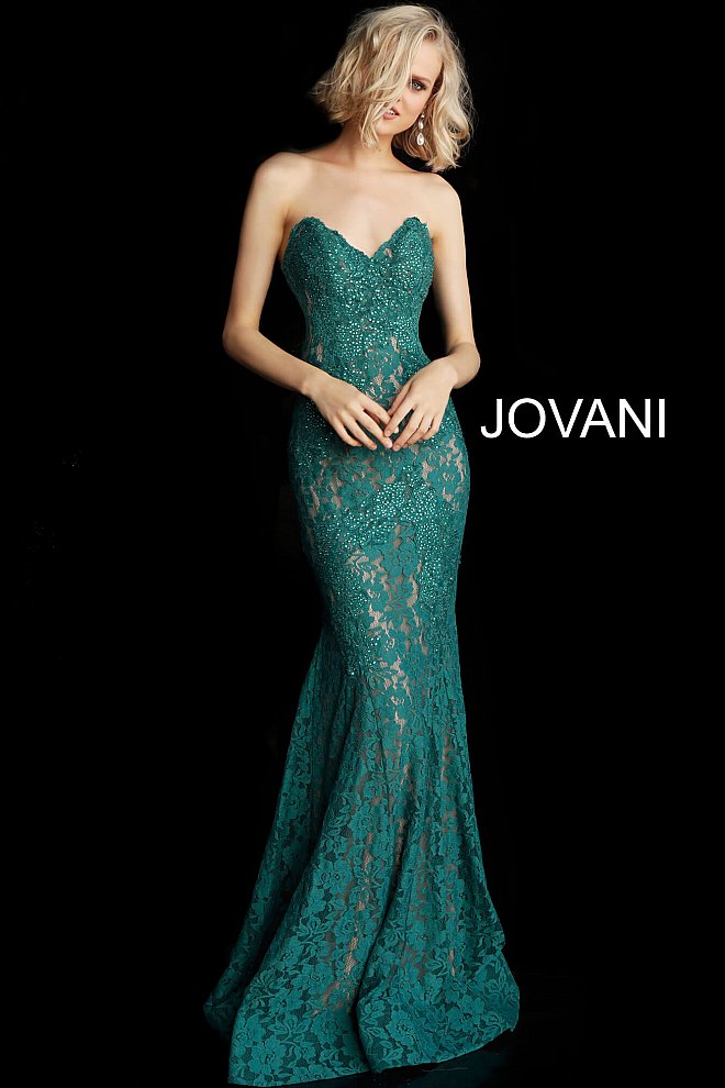 Jovani 37334 This beautiful, fitted, strapless lace dress features a sweetheart neckline. The top half of the trumpet dress is accessorized with rhinestones. Stretch nude lining with stretch lace overlay, heat set stones, form fitting, strapless. Available Sizes: 00,0,2,4,6,8,10,12,14,16,18,20,22,24  Available Colors: BLACK, BRIGHT PINK, DUSTY PINK, EMERALD, FUCHSIA, IVORY, LIGHT-BLUE, LILAC, MAUVE, NAVY, PERRIWINKLE, RED, ROYAL