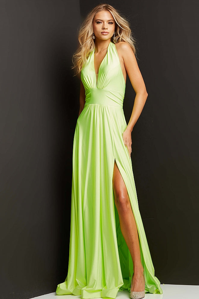 Jovani JVN08640 Long A Line Maxi slit prom dress halter V neck Pockets Stretch   Available Sizes: 00-24  Available Colors: Green, Hot Pink, Lime, Purple