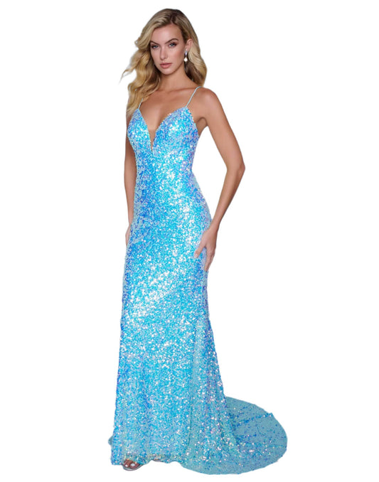 Splash Prom K639 Size 12 Long Fitted Sequin backless Corset Prom Dress V neck Formal Gown