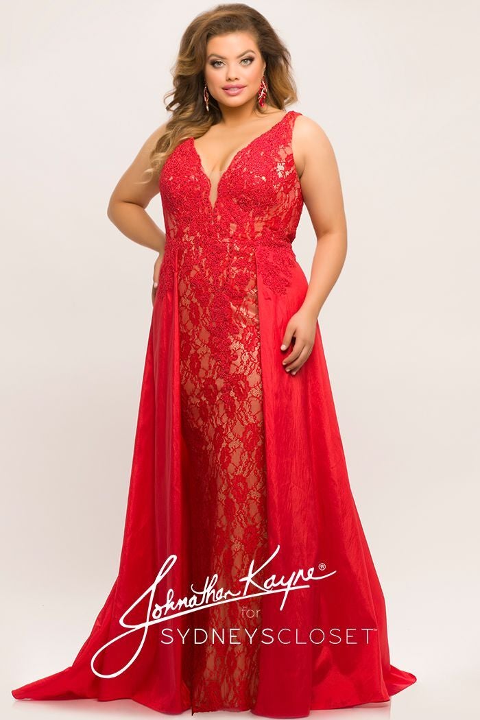 Johnathan Kayne for Sydneys Closet JK2016 Stingray halter neckline fitted lace plus size prom dress with flowy chiffon overskirt  Evening gown pageant gown