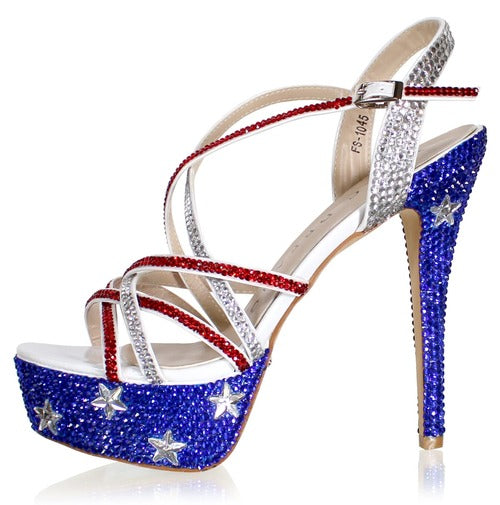 Marc Defang Marc Tops USA Red White & Blue Crystal Pageant Heels Shoes  DESCRIPTION Featured crystal color:  USA Flag Heel Height: 5.5" heels and 1.75" Platforms Comfort Strappy Sandals 100% custom handmade product, industry's highest quality standard. Our sizes are true to size based on US standard Regular Fit.   Available Sizes: 5.5, 6, 6.5, 7, 7.5, 8, 8.5, 9, 9.5, 10, 11 (Average 30 days before Arrival - custom made)