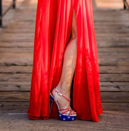 Marc Defang Marc Tops USA Red White & Blue Crystal Pageant Heels Shoes  DESCRIPTION Featured crystal color:  USA Flag Heel Height: 5.5" heels and 1.75" Platforms Comfort Strappy Sandals 100% custom handmade product, industry's highest quality standard. Our sizes are true to size based on US standard Regular Fit.   Available Sizes: 5.5, 6, 6.5, 7, 7.5, 8, 8.5, 9, 9.5, 10, 11 (Average 30 days before Arrival - custom made)