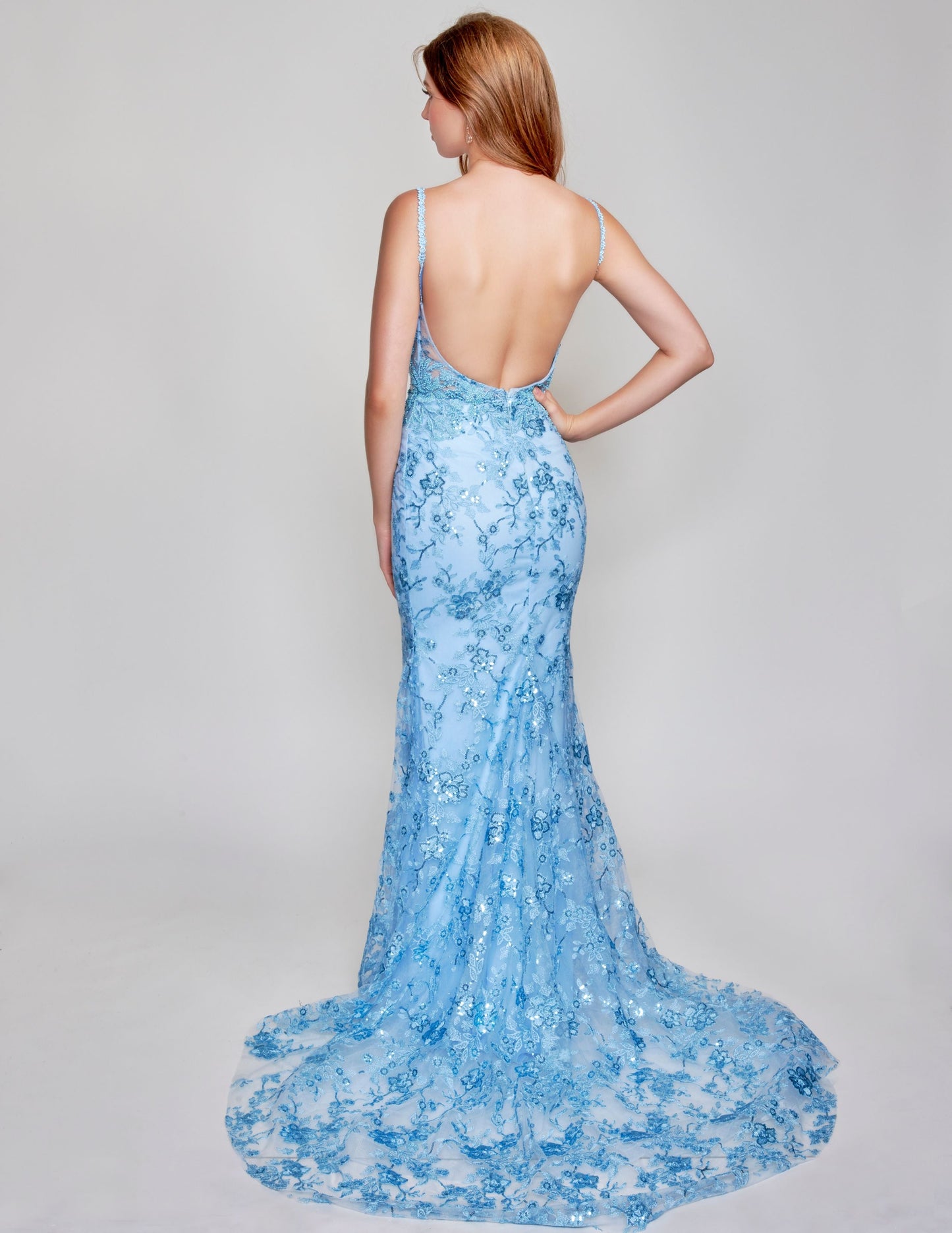 Nina Canacci 6556 Long sheer lace corset fitted bodice with a mermaid skirt and train. Embellished Prom Pageant Gown  Available Size-0-12  Available Color- Ivory, Baby Blue, Raspberry (Mauve)