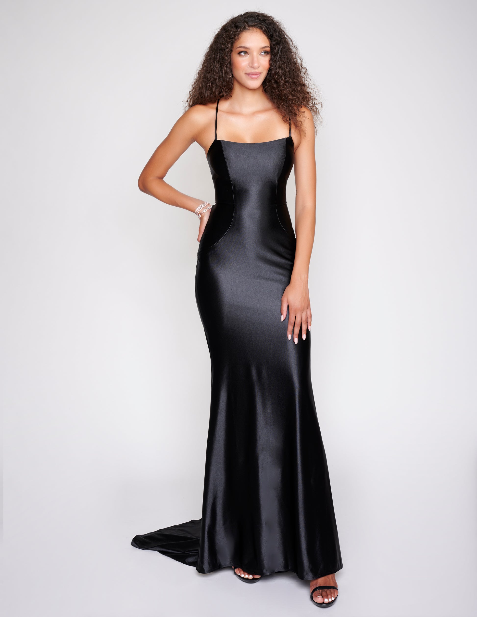 Nina Canacci 6575 Smooth fitting fit and flare Prom Dress with a corset open back and a train