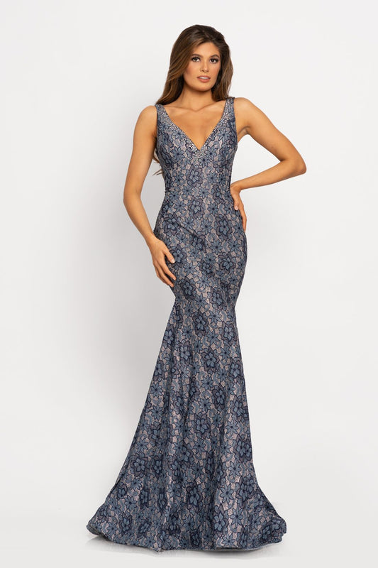 Johnathan Kayne 2259 This is a v neckline glitter lace mermaid prom dress with a v back and sweeping train.  This evening gown has a floral lace pattern.  Colors  Navy, Sky Blue  Sizes  00, 0, 2, 4, 6, 8, 10, 12, 14, 16