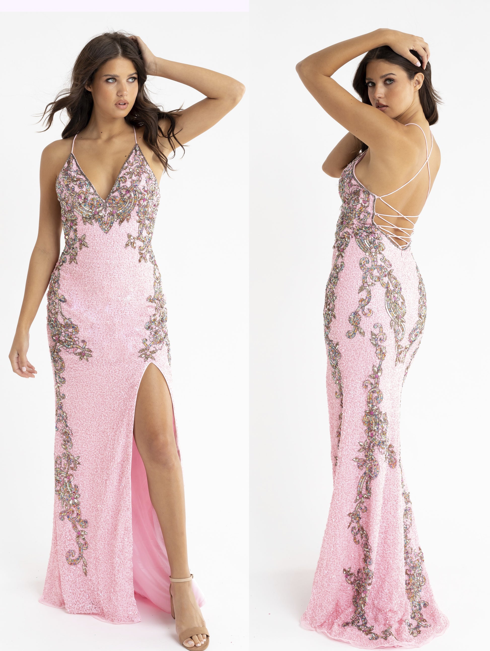 PRIMAVERA-COUTURE-3211-PINK-PROM-DRESS-FRONT-V-NECKLINE-FLORAL-BEADED-DETAILS-LONG-EMBELLISHED-SLIT-CRISSCROSS-TIE-CORSET-BACK