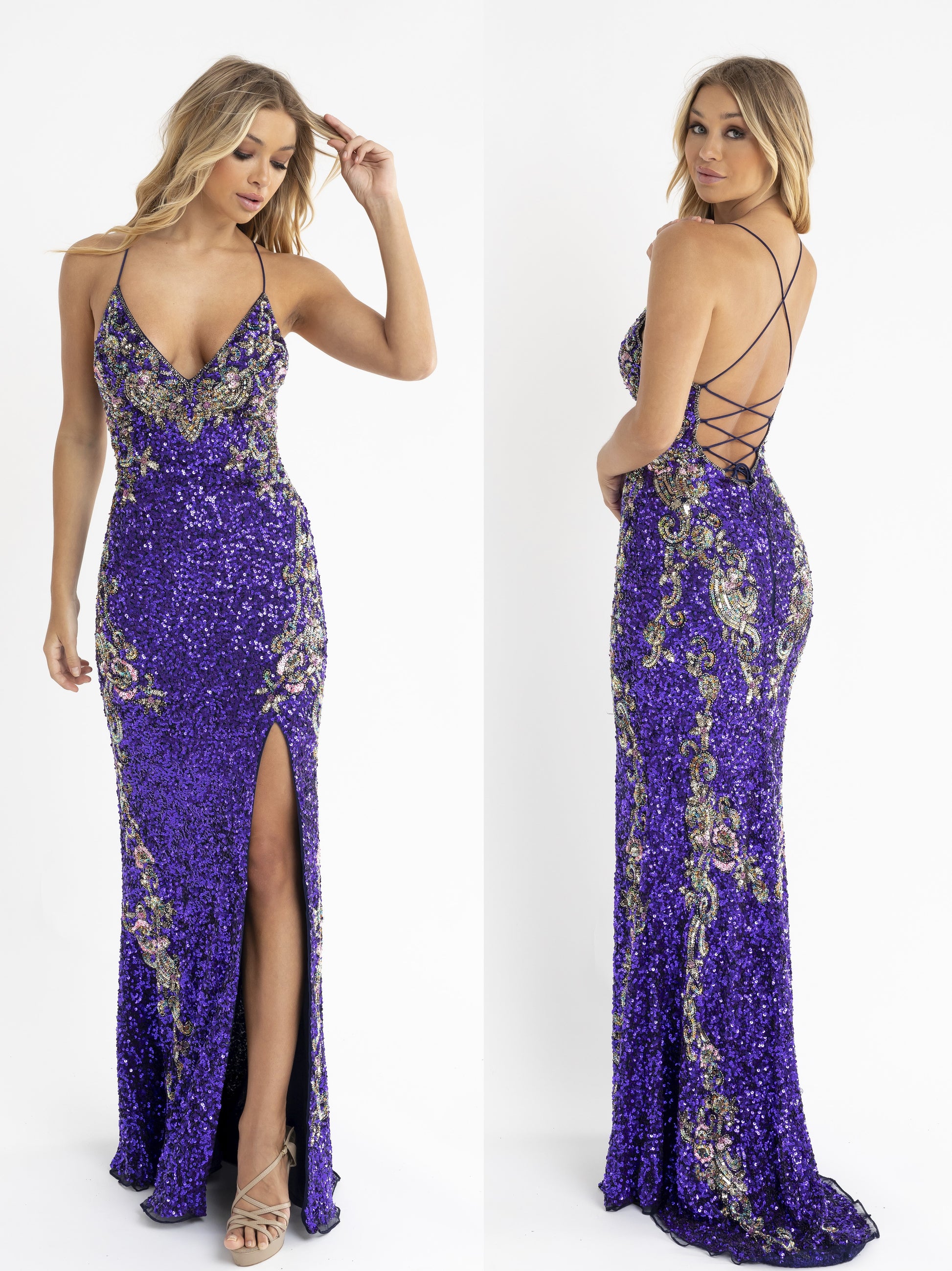 PRIMAVERA-COUTURE-3211-PURPLE-PROM-DRESS-FRONT-V-NECKLINE-FLORAL-BEADED-DETAILS-LONG-EMBELLISHED-SLIT-CRISSCROSS-TIE-CORSET-BACK