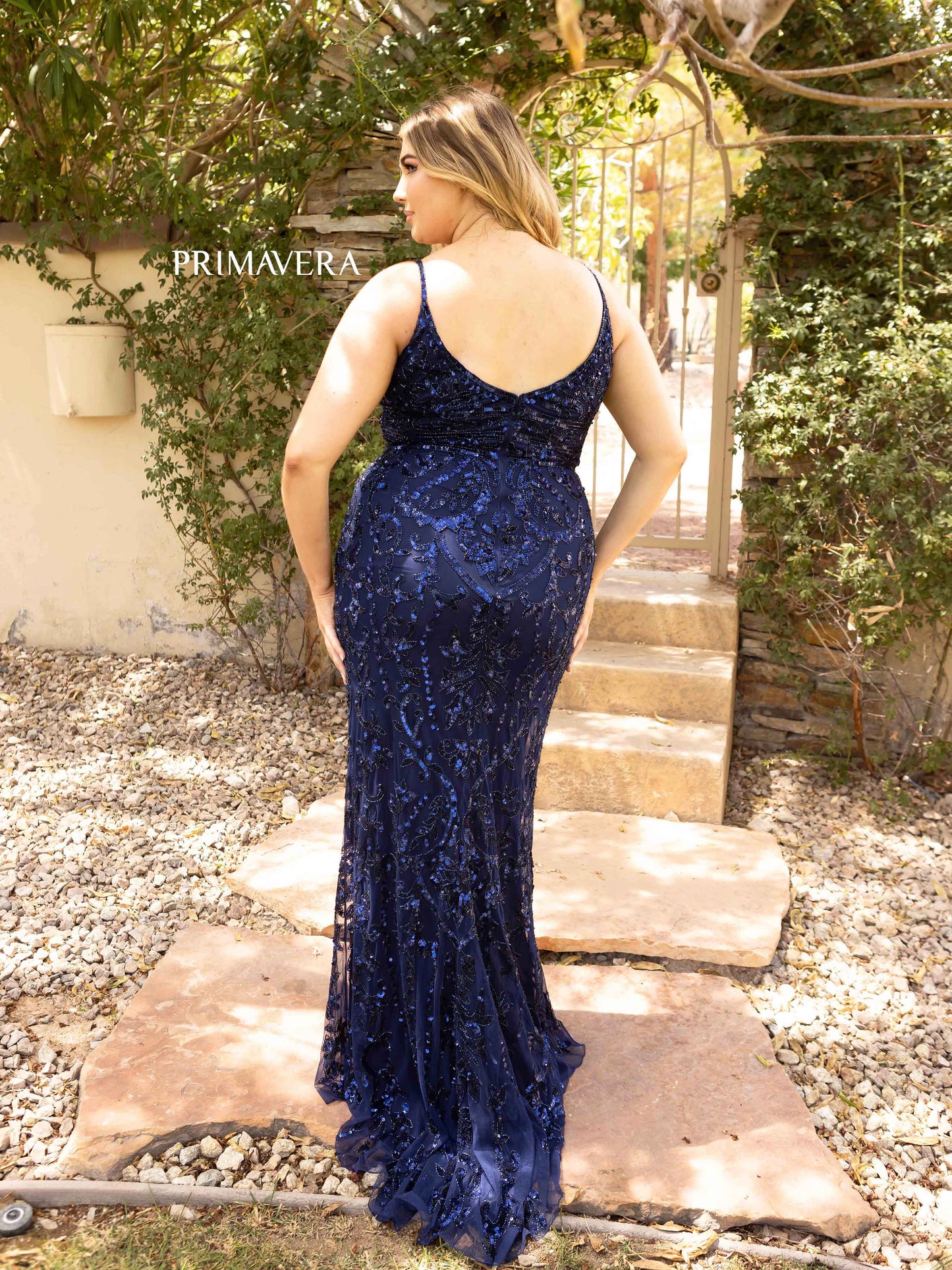 Primavera Couture 14001 Curvy Prom, Pageant and Formal Dress.  This is an all sequins plus gown with a v neckline with rows of horizontal beading at the waistline to define the waist and show your curves.