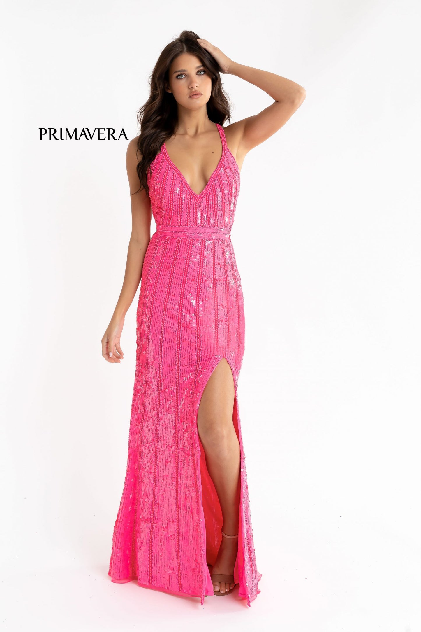 Primavera Couture 3441 is a iridescent sequins long formal Prom Dress, Pageant Gown, Wedding Dress & Formal Evening Wear gown. Featuring a v neckline with Iridescent Multi sequins and Hand Embellishments. This evening gown is perfect for any formal event! Slit in skirt.