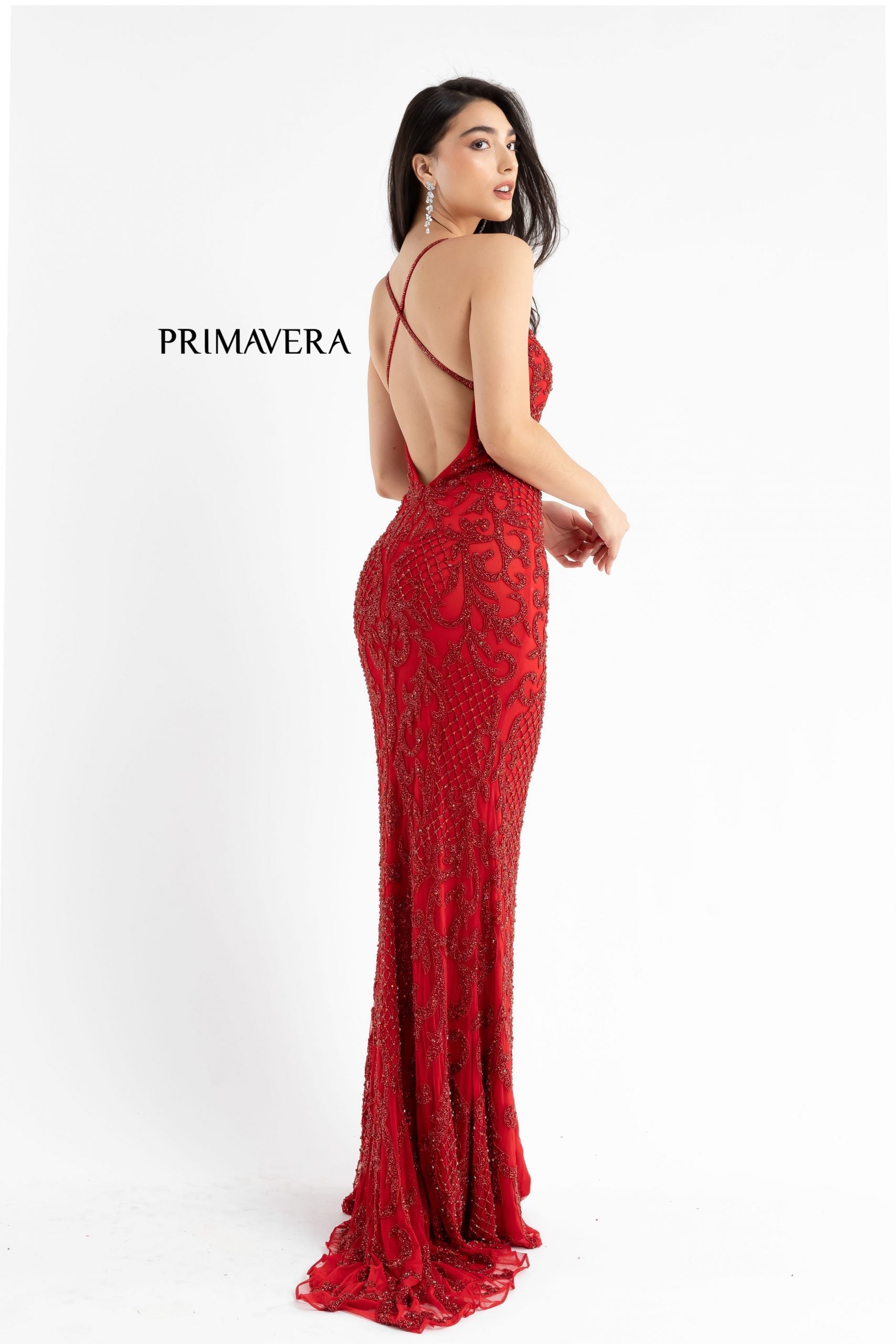 Primavera-Couture-3721-red-prom-dress-back-long-beaded-v-neckline-slit-crisscross-back