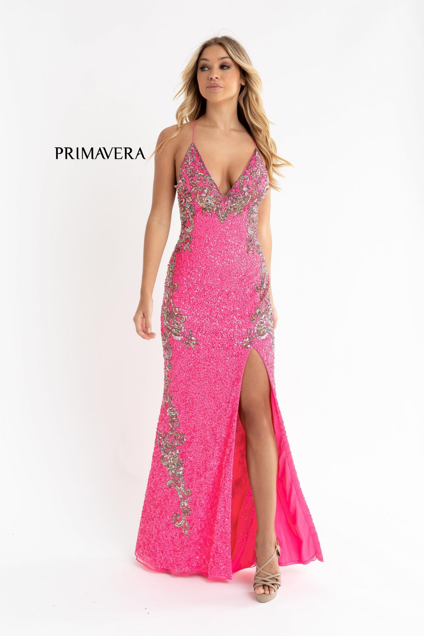 Primavera-couture-3211-NEON-PINK-prom-dress-front-2-v-neckline-floral-sequins-lace-up-tie-back-slit