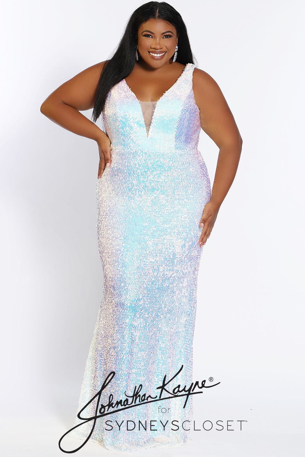 Johnathan Kayne for Sydney's Closet JK 2109 Aurora fitted plus sized sequin mermaid prom dress with shoulder capes.  The flowy scarves on this pageant gown are detachable.  This long evening gown has a plunging v neckline with a mesh panel.   JK2109