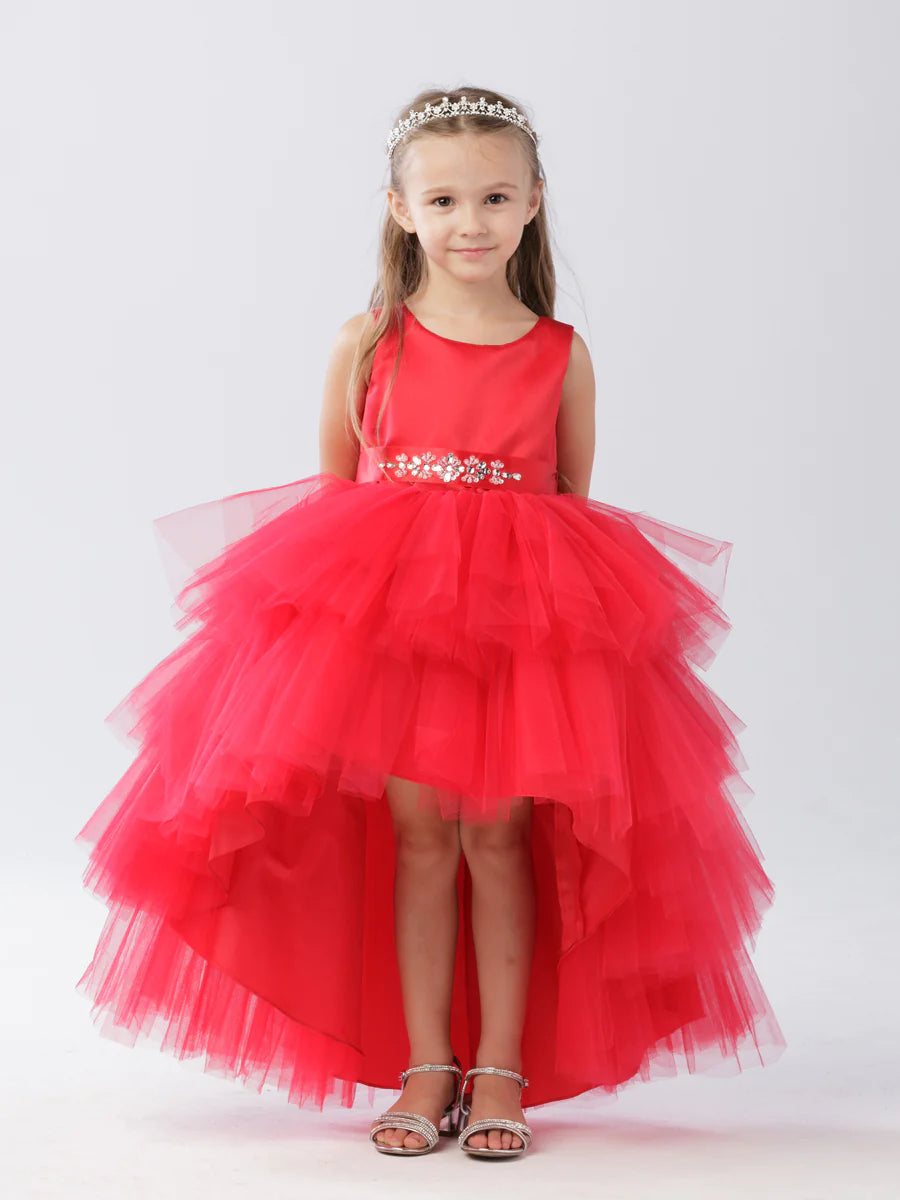 This Tip Top 5658 Girls Layered Tulle High Low Skirt Formal Dress is a perfect choice for that special day. The tulle high-low skirt, satin formal gown, and flower girl satin sash come together to create a beautiful, unique look perfect for flower girls, junior bridesmaids or formal occasions.  Sizes: 6M-16  Colors: Black, Blush, Burgundy, Eggplant, Ivory, Red, Royal Blue, White, Champagne, Lilac, Sky Blue