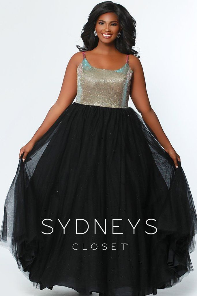 Sydney's Closet 7265 Size 14 Holographic Gold Prom Dress Plus Sized Scoop Neckline