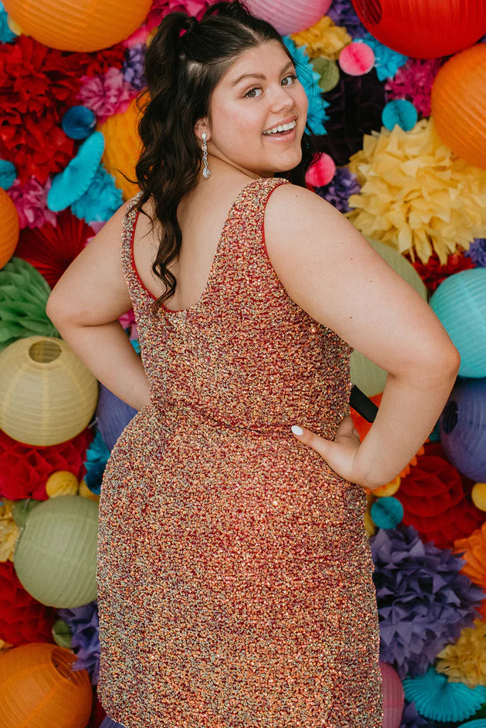 Sydneys Closet SC8110 Short Plus Size fitted Sequin Formal Cocktail Dress Slit gathered V Neckline Gown. Perfect for homecoming & Pageants! Colors: Blue Blitz, Firecracker Red, Green Surge Size Availability: 14-28 Multi-colored sequins Slim empire silhouette Above-knee Length V-neckline Sleeveless