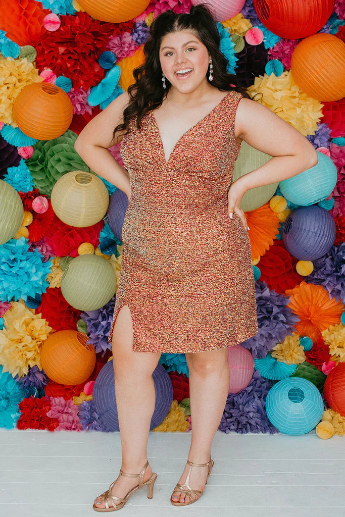 Sydneys Closet SC8110 Short Plus Size fitted Sequin Formal Cocktail Dress Slit gathered V Neckline Gown. Perfect for homecoming & Pageants! Colors: Blue Blitz, Firecracker Red, Green Surge Size Availability: 14-28 Multi-colored sequins Slim empire silhouette Above-knee Length V-neckline Sleeveless