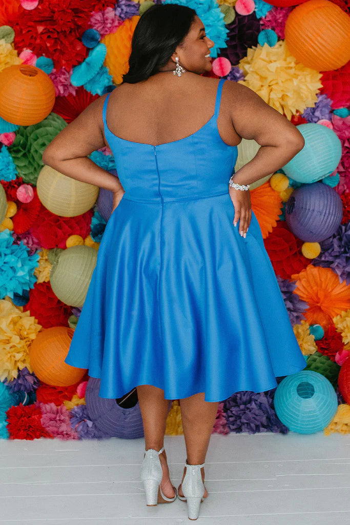 Sydneys Closet SC8115 Size 16, 24 Fuchsia Plus Size Satin A Line Formal Cocktail Dress Homecoming Pockets