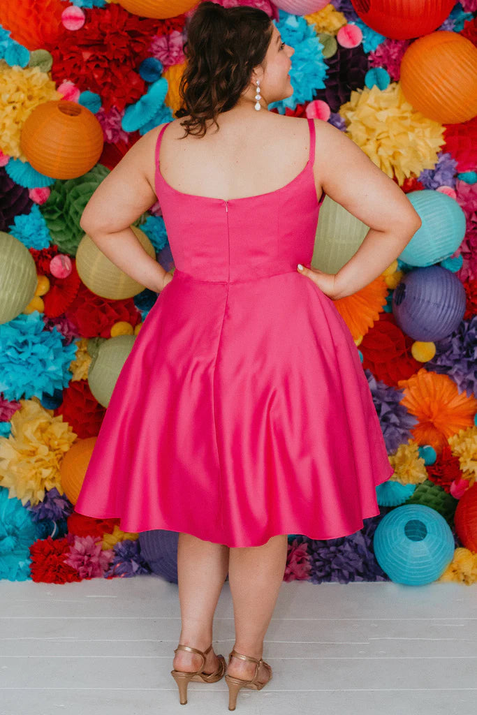 Sydneys Closet SC8115 Size 16, 24 Fuchsia Plus Size Satin A Line Formal Cocktail Dress Homecoming Pockets