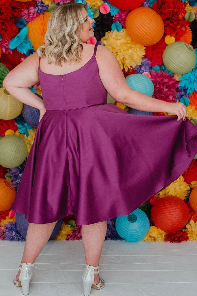 Sydneys Closet SC8115 Size 16, 24 Fuchsia Plus Size Satin A Line Formal Cocktail Dress Homecoming Pockets