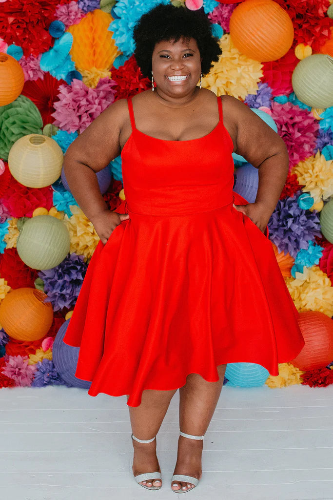 Sydneys Closet SC8115 Size 16, 24 Fuchsia Plus Size Satin A Line Formal Cocktail Dress Homecoming Pockets