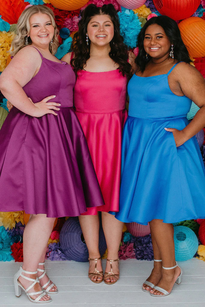 Sydneys Closet SC8115 Size 16, 24 Fuchsia Plus Size Satin A Line Formal Cocktail Dress Homecoming Pockets