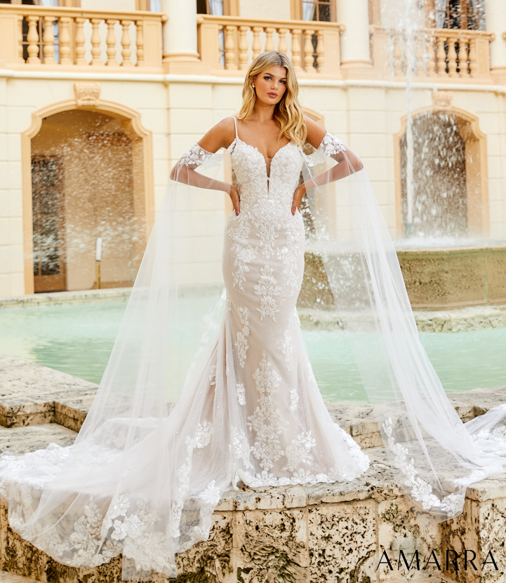 Amarra ELIZABETH 84377 Sequin Lace Fitted Wedding Dress Cape Sleeve Bridal off the shoulder Live out the wedding of your dreams in this classic, elegant gown. Adorned in intricate floral lace appliques, this wedding dress is bound to have you looking and feeling beautiful on your special day.