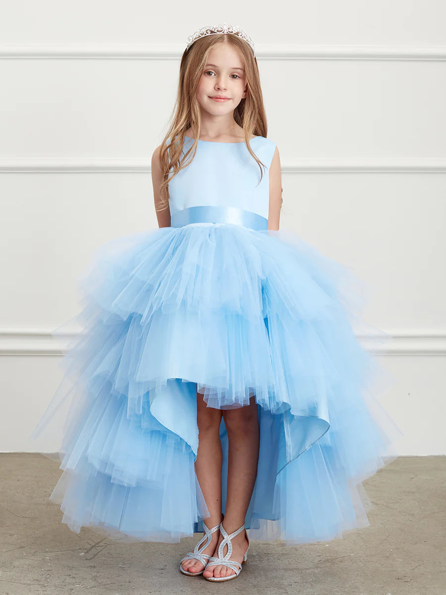 This Tip Top 5658 Girls Layered Tulle High Low Skirt Formal Dress is a perfect choice for that special day. The tulle high-low skirt, satin formal gown, and flower girl satin sash come together to create a beautiful, unique look perfect for flower girls, junior bridesmaids or formal occasions.  Sizes: 6M-16  Colors: Black, Blush, Burgundy, Eggplant, Ivory, Red, Royal Blue, White, Champagne, Lilac, Sky Blue