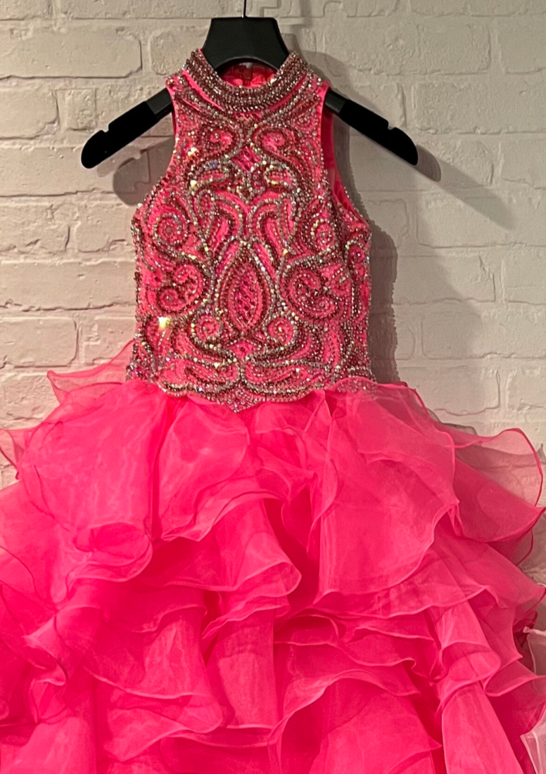 Sugar Kayne C326 is the perfect pageant dress for young girls and preteens, featuring a ruffled long skirt, high neckline, and crystal bodice with sleeveless design.  Colors:  Barbie Pink, Royal, White