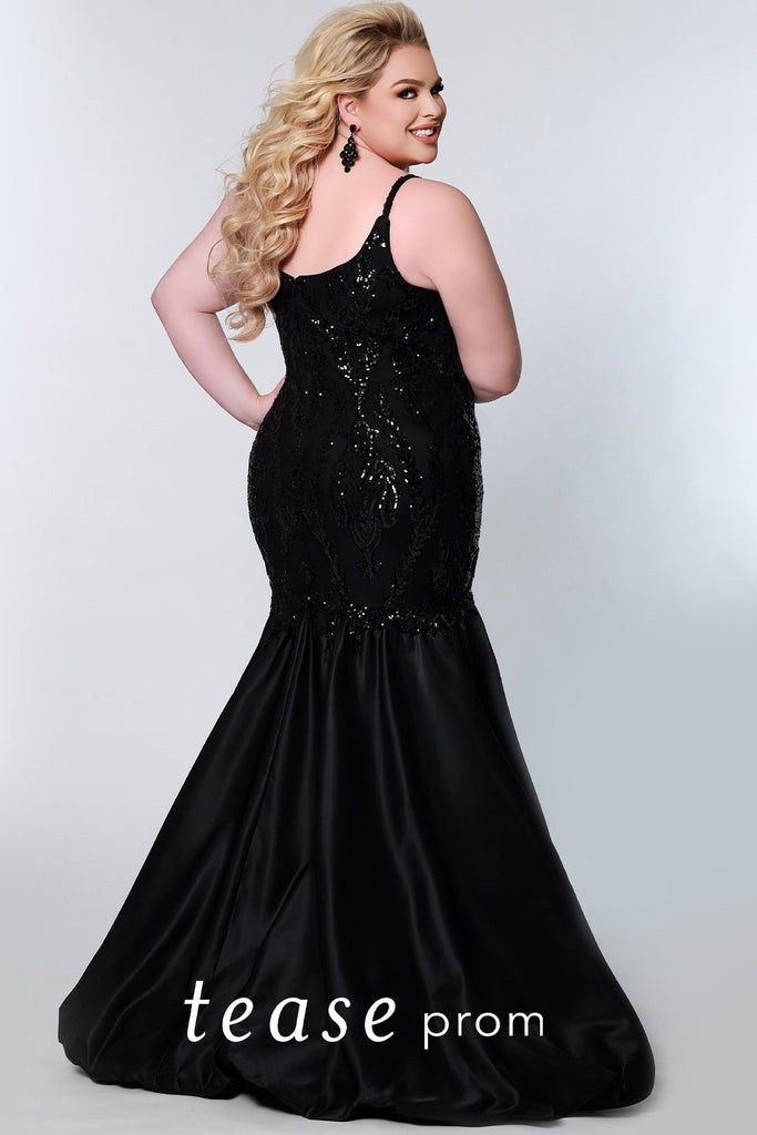 Tease Prom TE2212 Long Fitted sequin Plus size mermaid prom Dress Formal Gown  Hello to the bombshell in Black. A fitted mermaid is such an elegant choice to show off your curves at prom. Sequins and appliques dazzle all over the scoop neckline, straps and bodice. Transition into a bold skirt seen on the runways of New York Fashion Week, a satin balloon skirt with bubble hem. Make your night a chic one with this elevated statement dress. Color: Black Size availability: 14-24