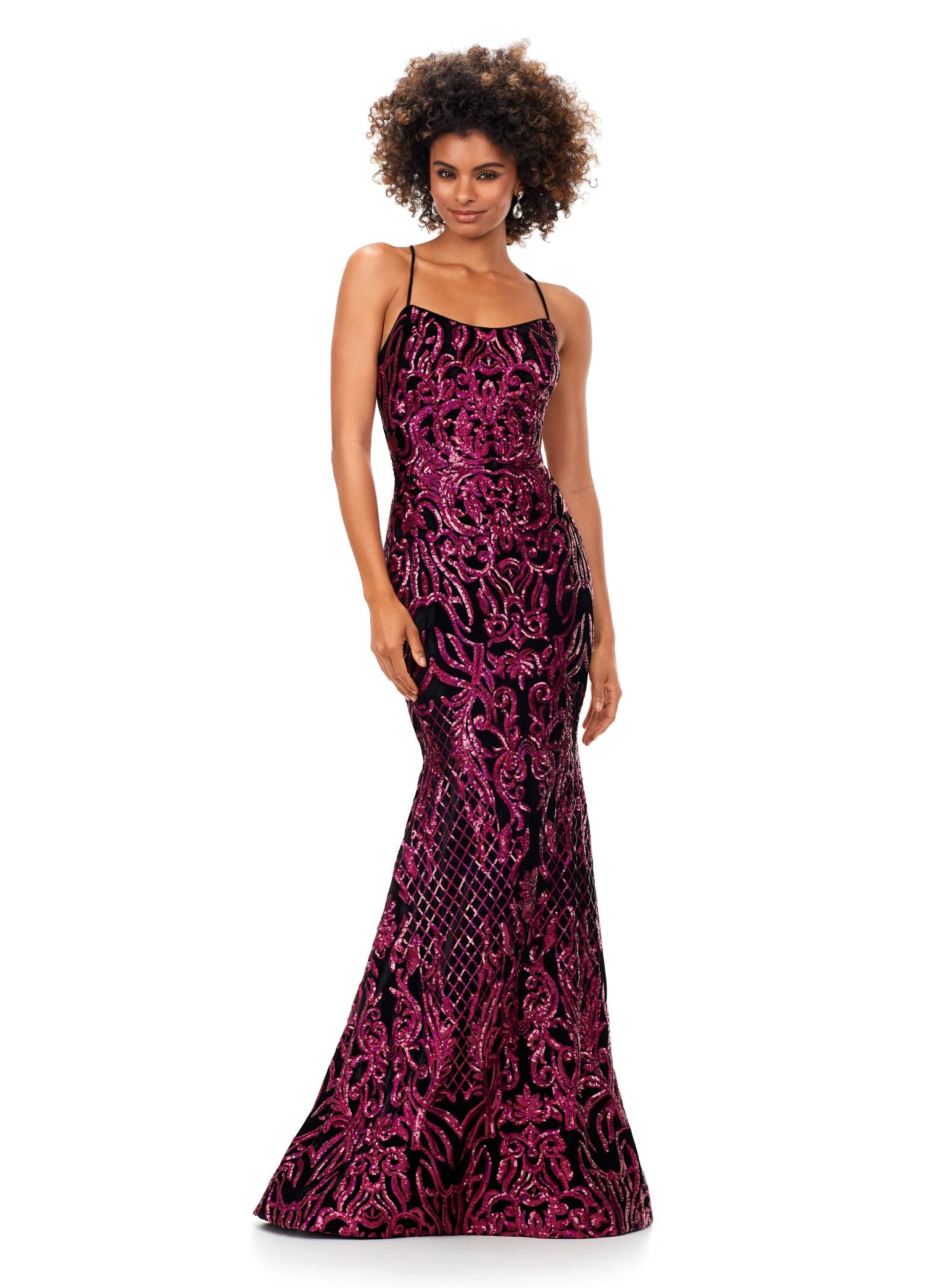 Ashley Lauren 11331 Make an entrance in this velvet sequin gown. The spaghetti straps are sure to provide the perfect fit. The sequin applique is perfectly placed throughout the gown to compliment your curves. The look is complete with a sweep train. Spaghetti Straps Lace Up Back Sweep Train Velvet Sequin COLORS: Blue, Fuchsia/Black, Turquoise/Royal