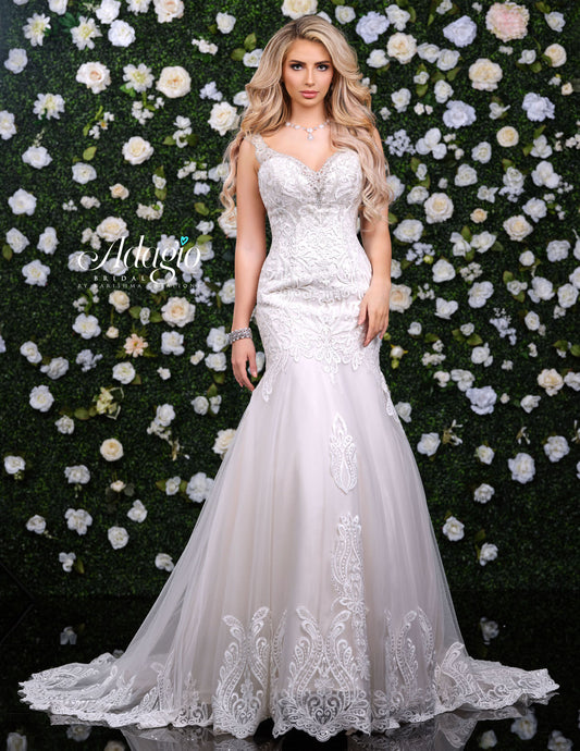 Adagio Bridal W9323 V neckline with beaded applique lace fit and flare mermaid wedding gown bridal dress with train  Available colors:  Ivory/Champagne, Solid Ivory, Solid White, White/Champagne  Available sizes:  00-30 