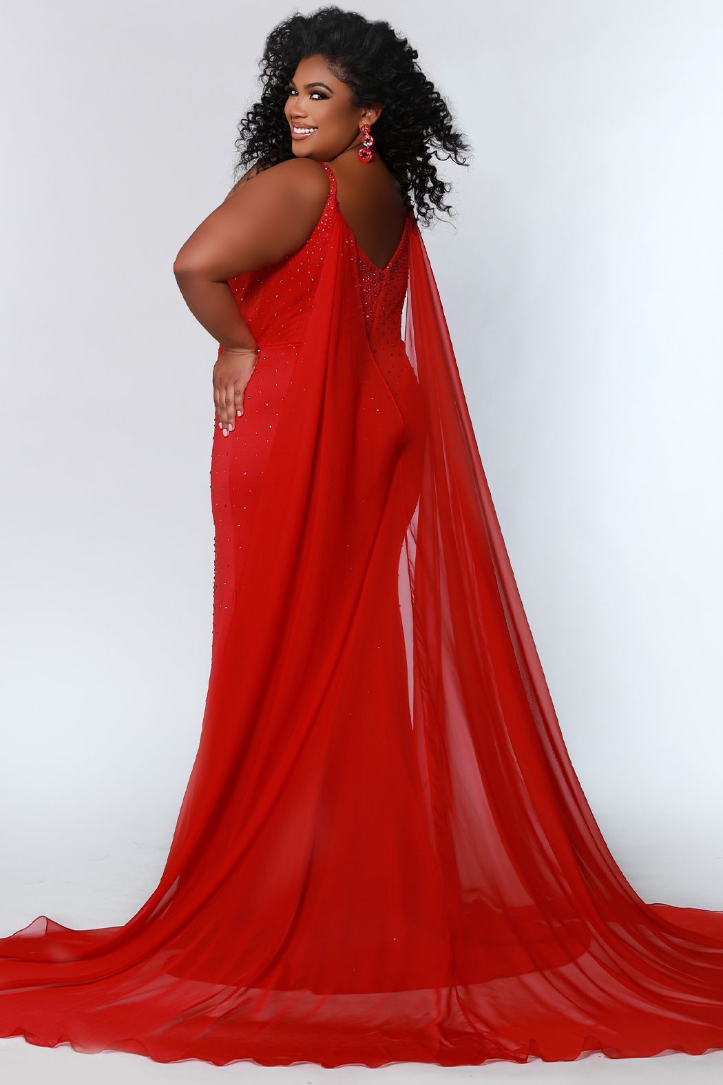 Johnathan Kayne Sydney's Closet JK2218 Red Size 14 Evening Gown with Cape Plus Size