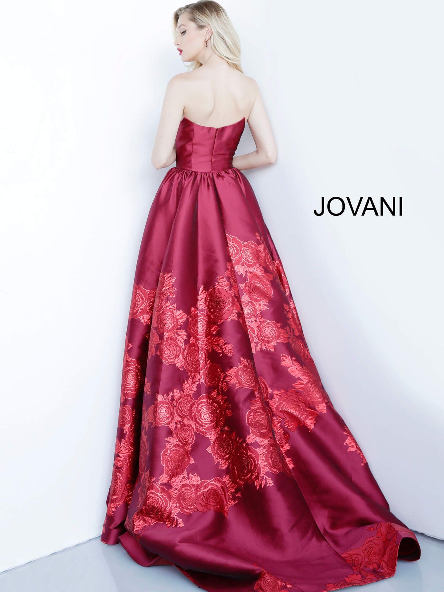 Jovani 02038 Floral Print Ballgown with Slit Evening Dress Prom Dress V Points Neckline  Floral print A-line prom gown, ruched at waist, high slit, floor length, sweeping train, strapless bodice, scoop neckline with V points.