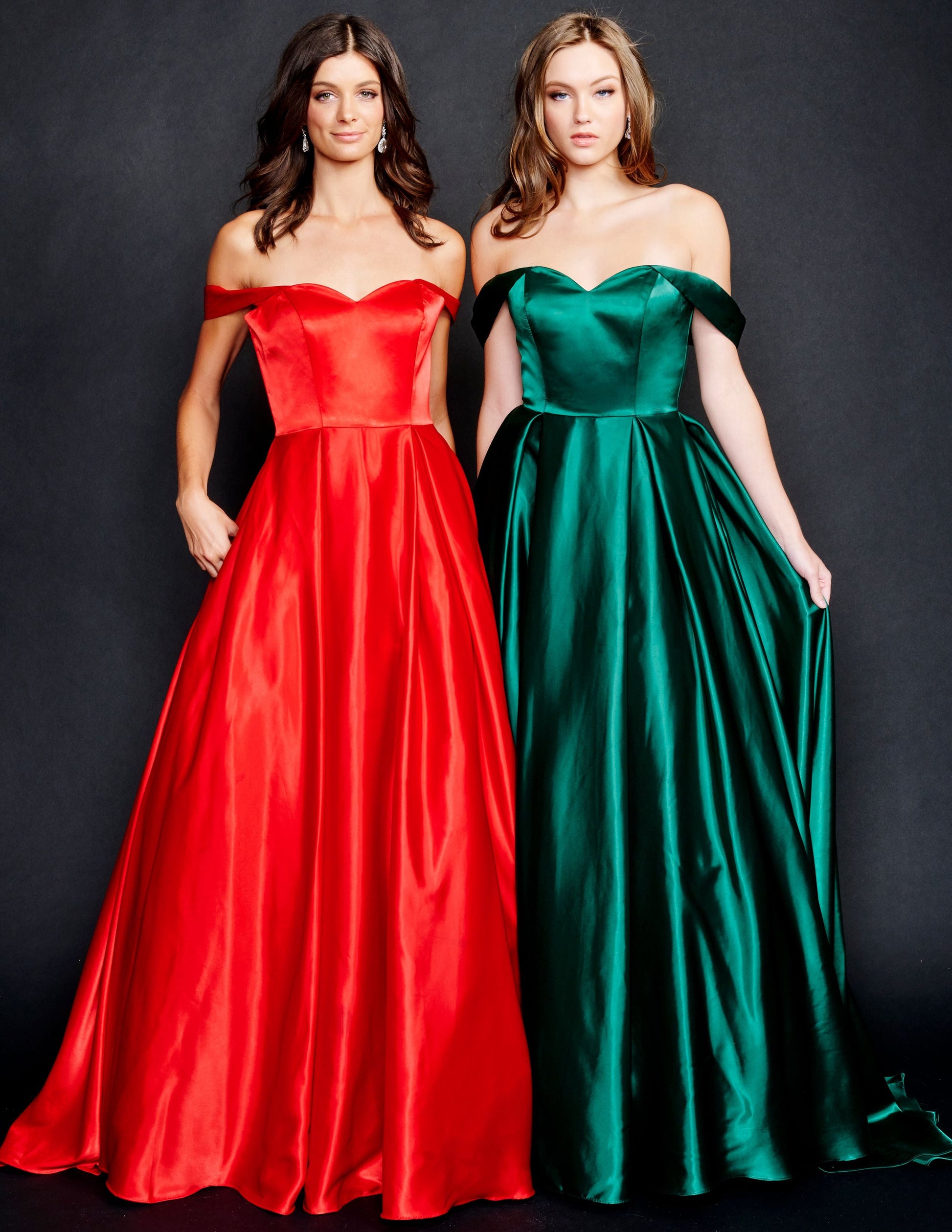 Nina Canacci 5214 Long Satin off the shoulder Ballgown Prom Dress Pageant Gown Pockets  Available Size- 4-24  Available Color-Red, Emerald 