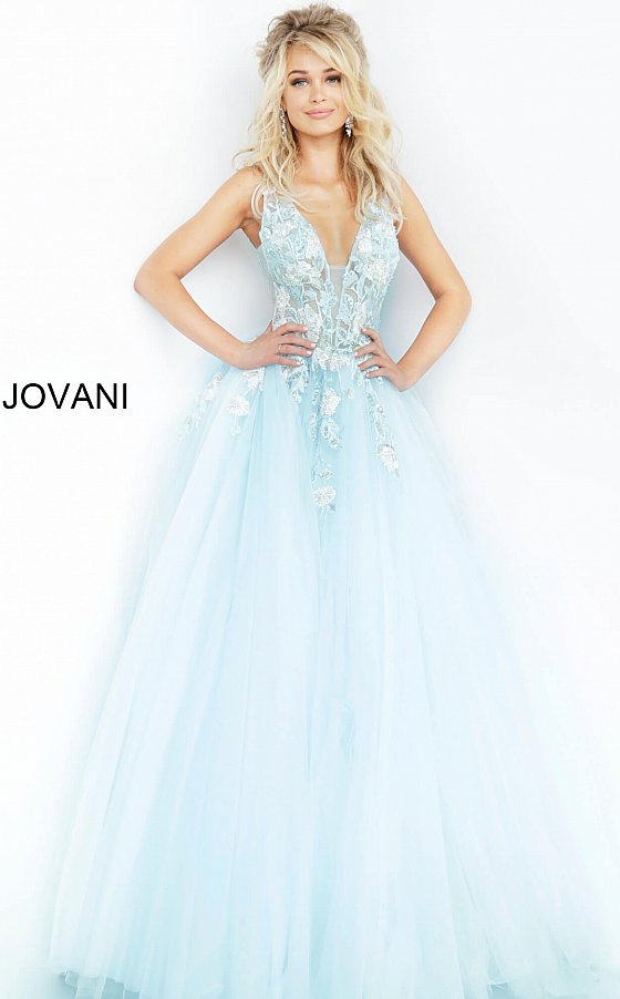 Jovani 11092 floral embellished plunging neckline tulle prom dress ball gown evening dress. Long Sheer floral lace applique embellished formal ball gown evening. Prom Dress, Pageant Gown.  Light blue tulle prom ballgown with floral embroidered bodice featuring a sheer sleeveless bodice, plunging neckline and low v-shaped back with zipper, floor-length A-line skirt. Available colors:  Blush, Light Blue