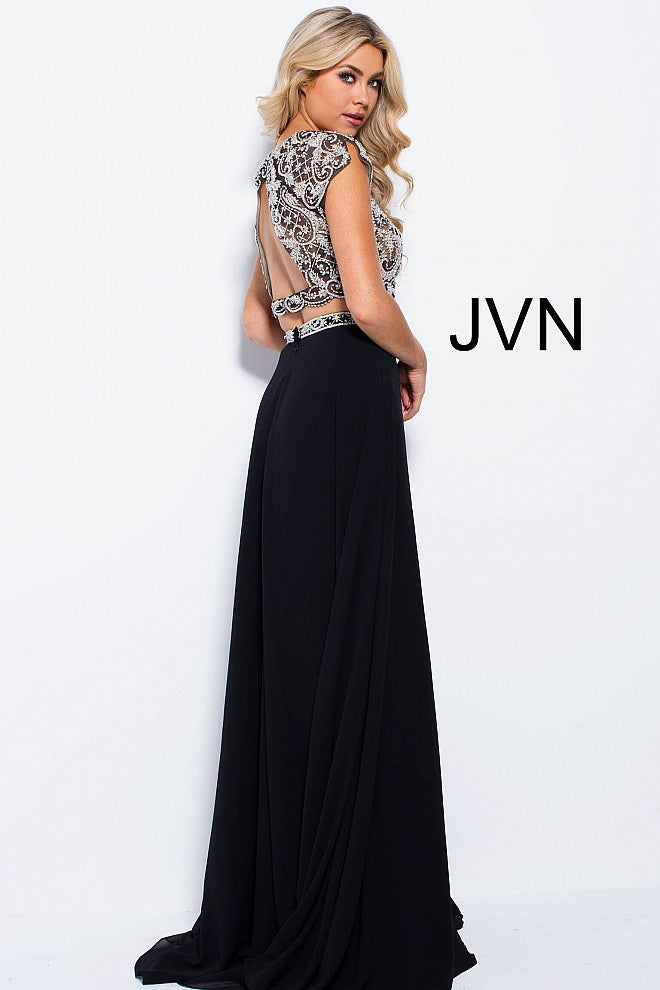 Jovani JVN48486 Size 4 Black two piece embellished cap sleeve flowy prom dress