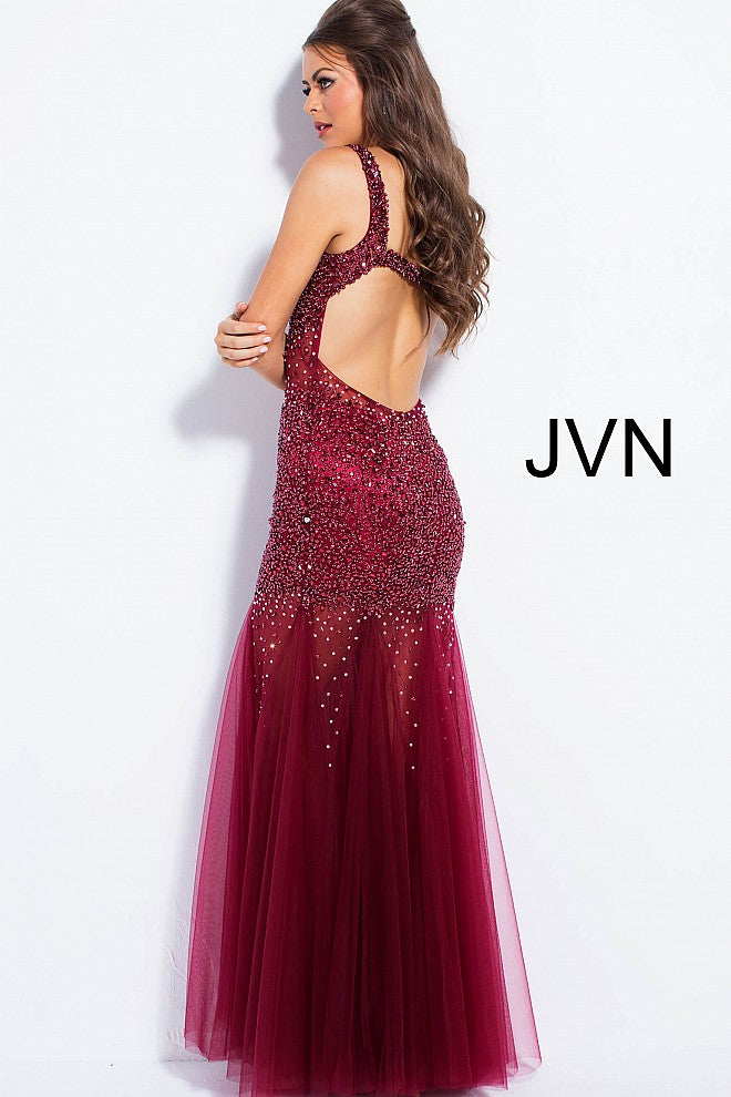 Jovani JVN55771 Size 0 Wine beaded Sheer tulle prom dress Mermaid Formal Gown